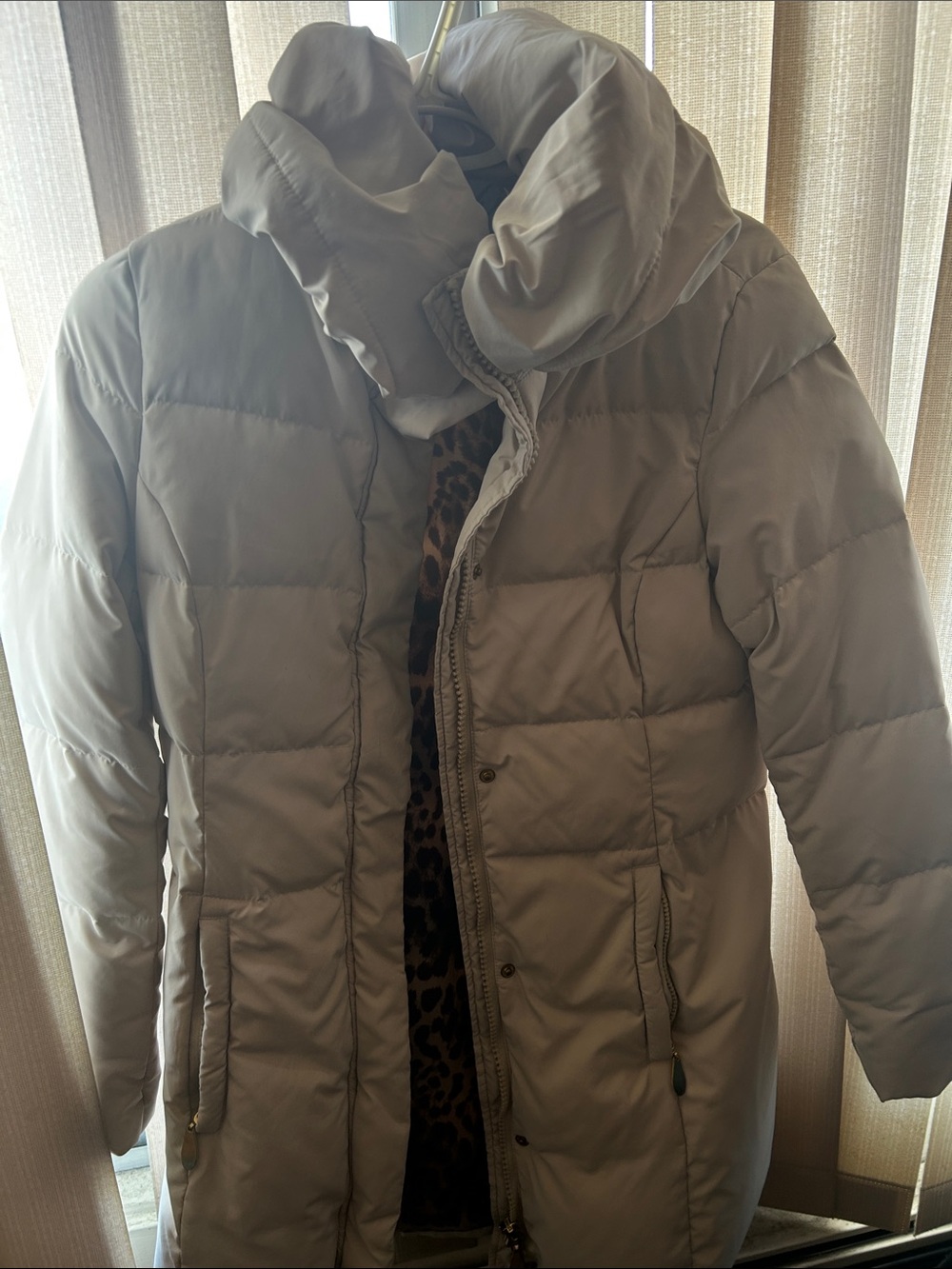 Long Quilted Puffer Coat in Light Taupe